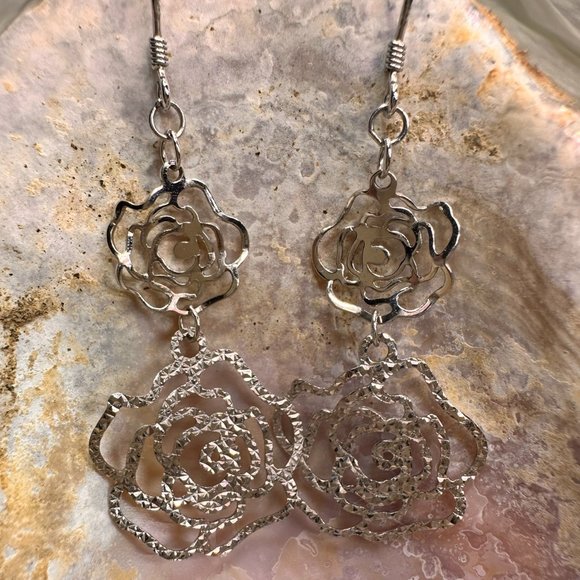 Silver Rose Flower Danlge Earrings - Picture 2 of 2